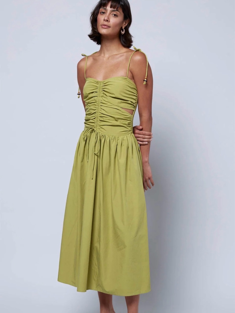 Tie-Shoulder Olive Midi Dress with Ruched Front